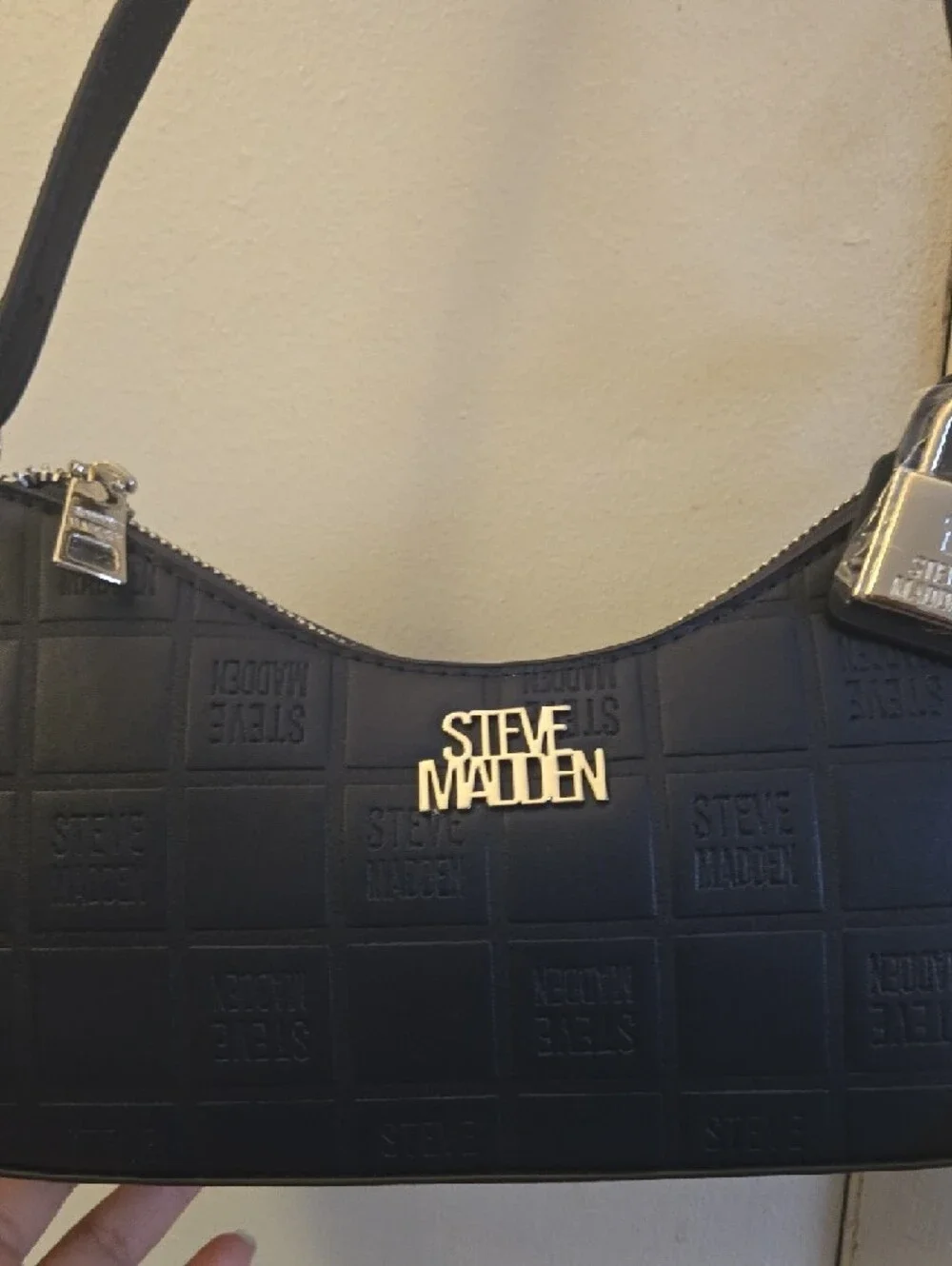 Steve Madden Black Quilted Logo Shoulder Bag with Charm.